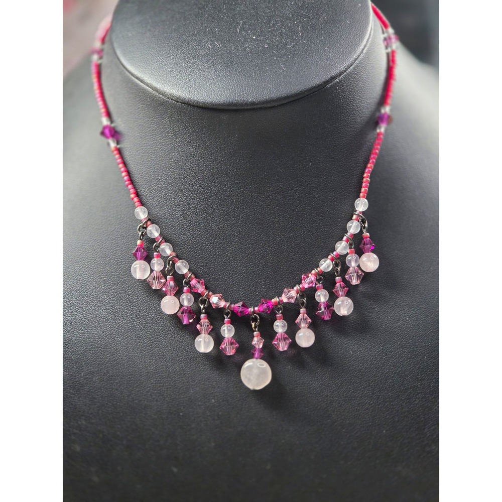 HB Originals Rose Quartz Pink Crystal Beaded Fringe Necklace 14" + 3" Extender